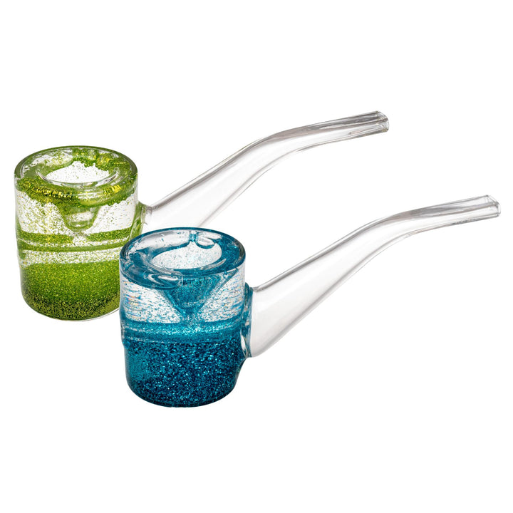 "Two glass sherlock pipes filled with glycerin and glitter on a white background," - Up N Smoke.