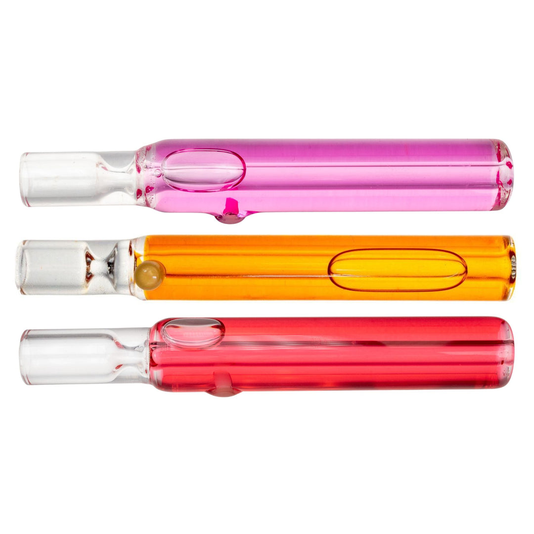 "Three vibrant Pulsar glycerin chillum tasters in the colors pink, orange, and red, on a white background," - Up N Smoke.