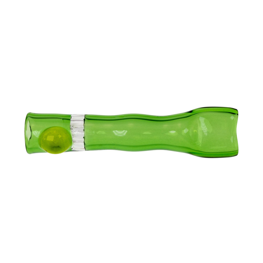 "Green Blazing Glass Chillum with a yellow bead near the mouthpiece," - Up N Smoke.