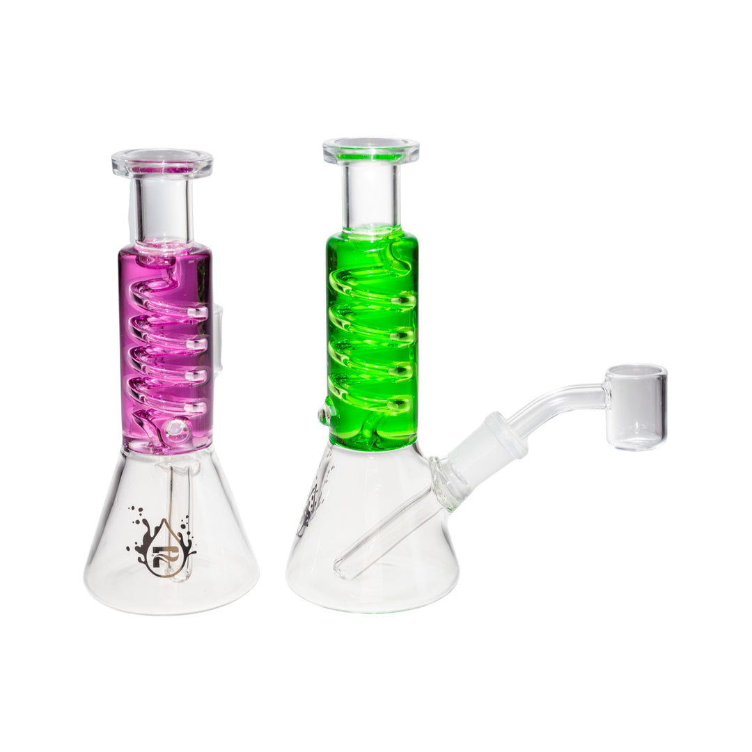 Photo of two mini glycerin dab rigs. These pieces feature a glycerin spiral chamber, than can be frozen for cooler hits. - Up N Smoke.