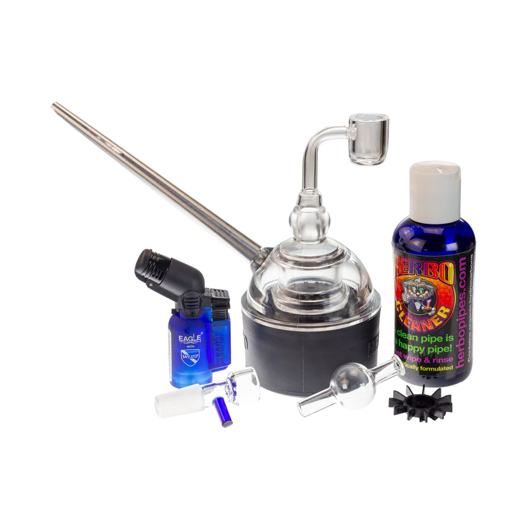 Photo of the contents within a Herbo Hydrafuge kit. It comes with two different glass bowls, a carb cap, a torch lighter and pipe cleaner. - Up N Smoke.