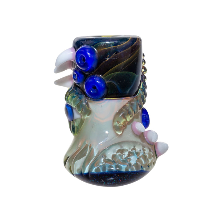 Frontal view of a King Leo hammer glass piece. The head of this hand pipe features handmade sculpted designs. - Up N Smoke.