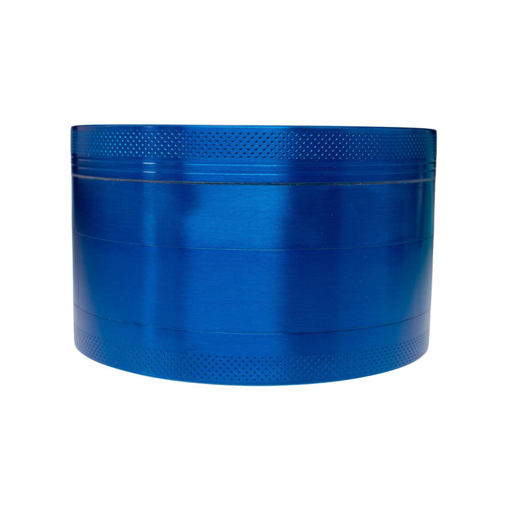 "Closed Large Blue Four-Piece Grinder that is 4'' wide and 2.375'' tall on a white background," - Up N Smoke.