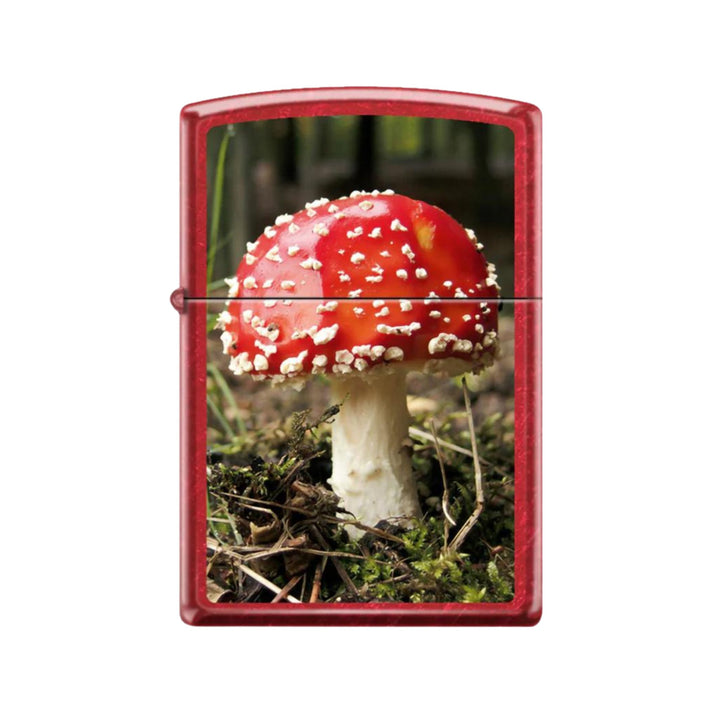 Front view of a Zippo lighter with a realistic red mushroom on the cover. The rest of the zippo is red. - Up N Smoke.