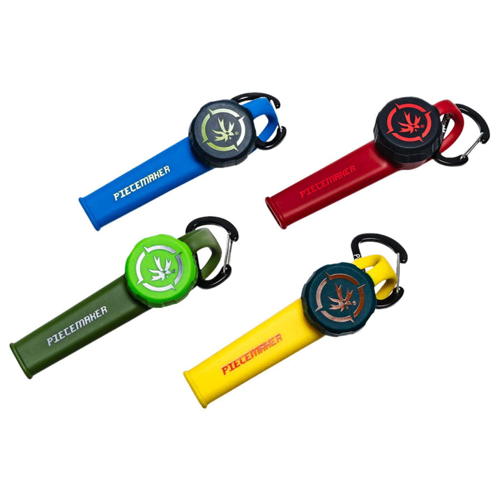 "Four Piecemaker Silicone 'Karma Go!' Travel Pipes in blue, green, red, and yellow," - Up N Smoke.
