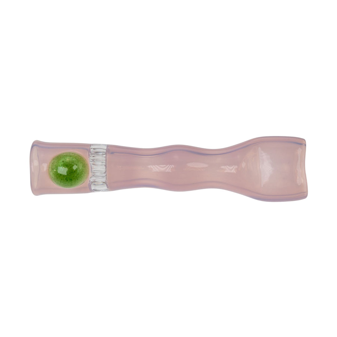 "Pink Blazing Glass Honeycomb Chillum with a green stabilizing bead near the mouthpiece," - Up N Smoke.