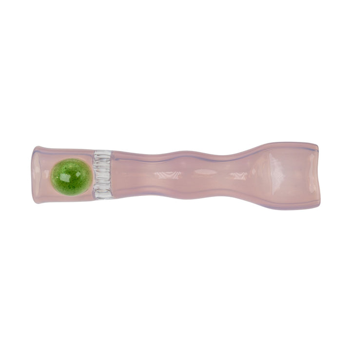 "Pink Blazing Glass Honeycomb Chillum with a green stabilizing bead near the mouthpiece," - Up N Smoke.