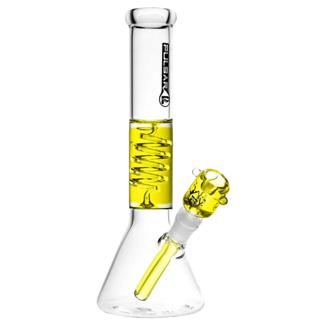 Photo of a yellow Pulsar glycerin beaker water pipe. This product is sold by Up N Smoke, based out of Wichita, Kansas. - Up N Smoke.