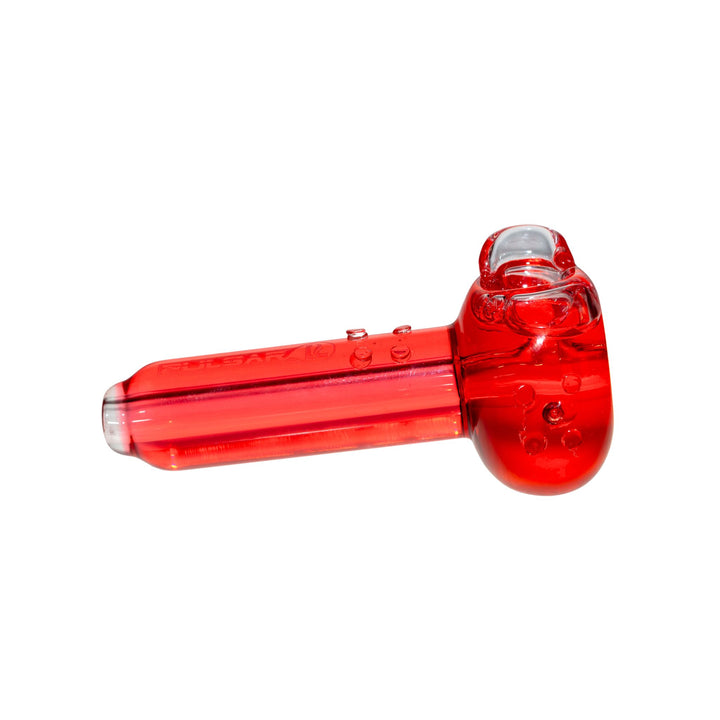 Right side view of a red Pulsar glycerin hand pipe. This spoon is sold by Up N Smoke, based out of Wichita, Kansas. - Up N Smoke.