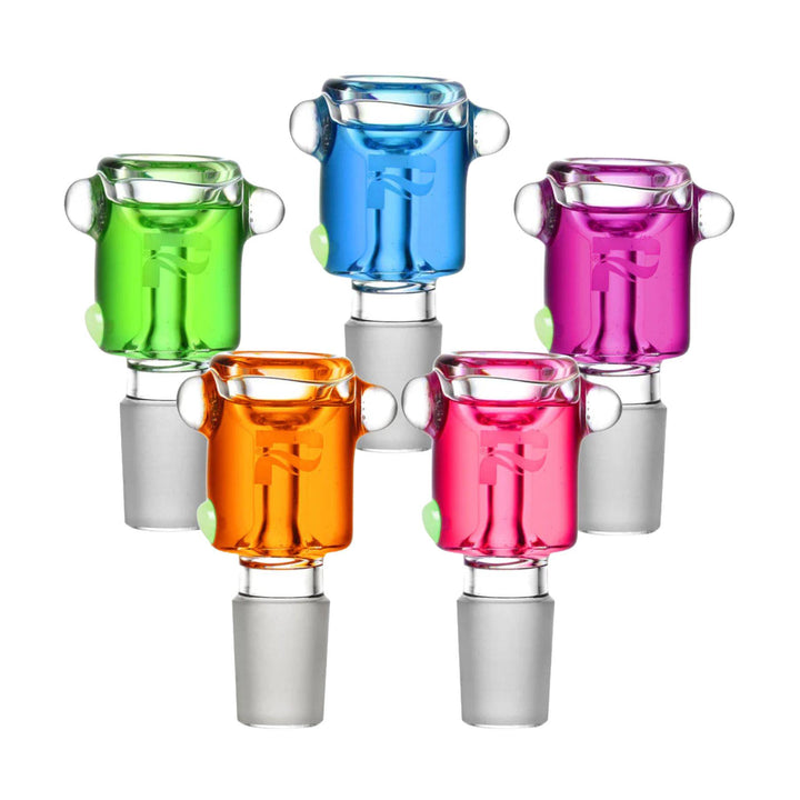 "Five colorful glycerin Pulsar Herb Slides on a white background. This item can be frozen for cooler sessions," - Up N Smoke.