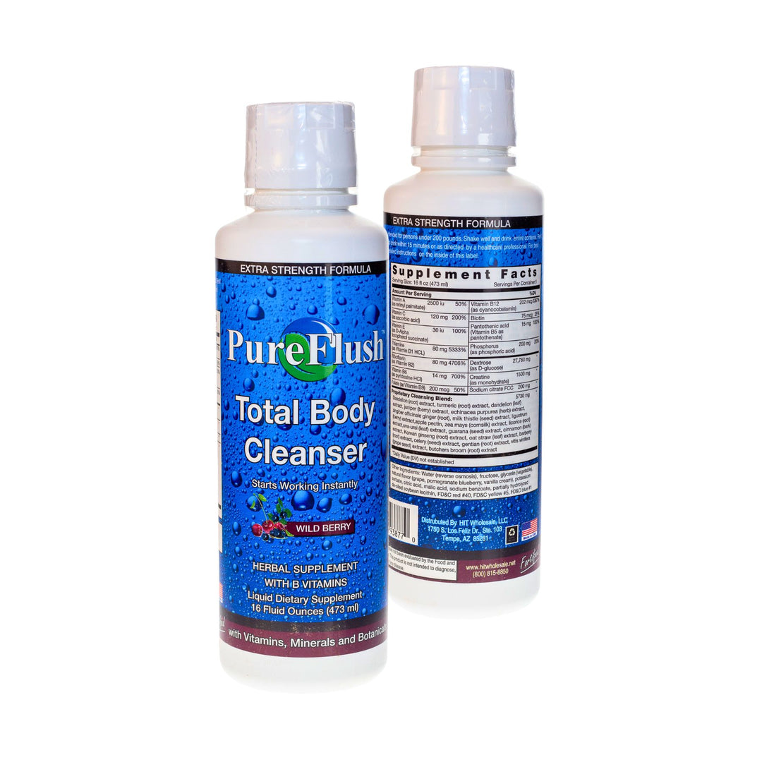 "A studio photograph of two bottles of Pure Flush Total Body Cleanser in Wild Berry. This product is a dietary supplement that is used to cleanse the body of toxins." - Up N Smoke.