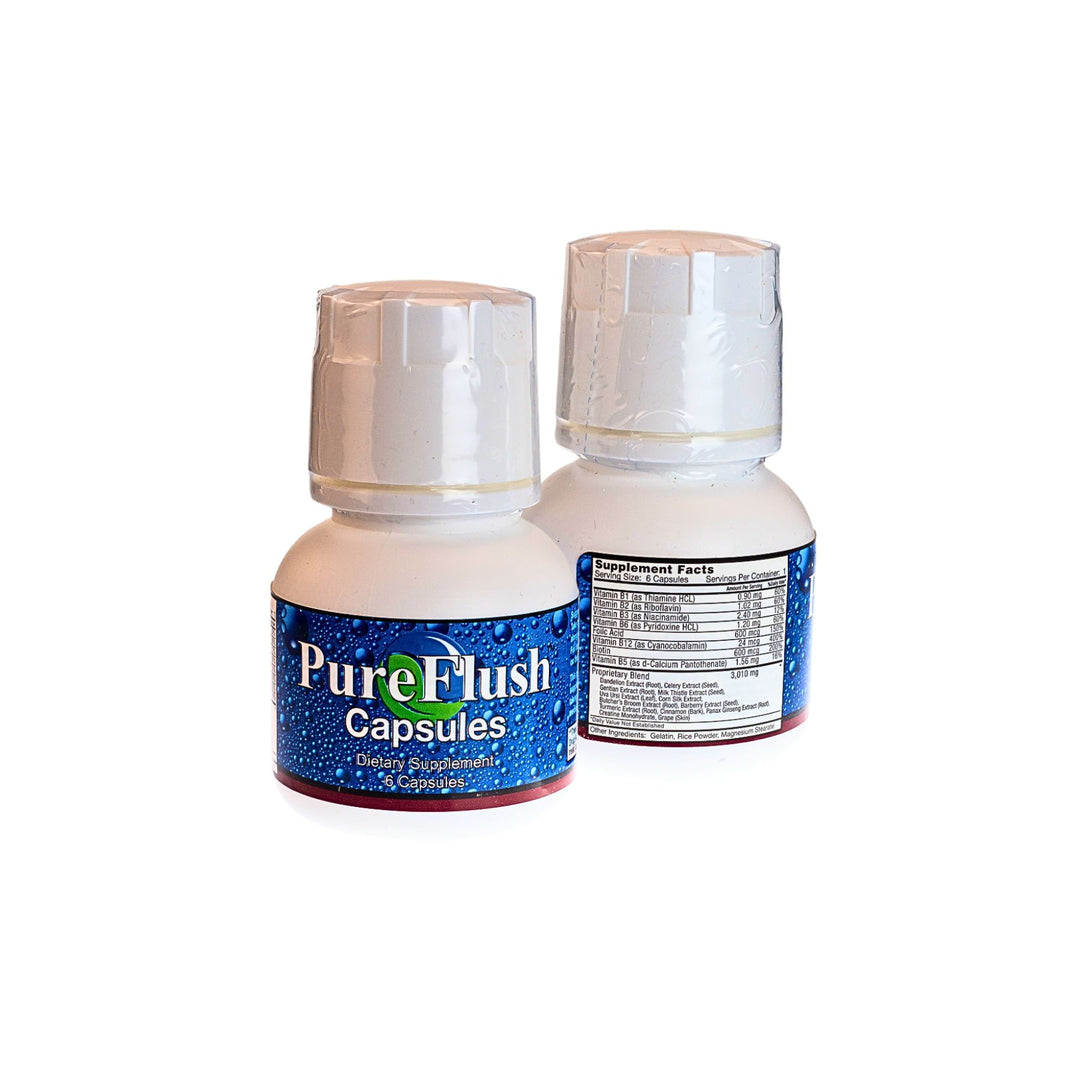 "Two bottles of Pure Flush capsules are next to one another. This dietary supplement is utilized to cleanse the body of toxins." - Up N Smoke.