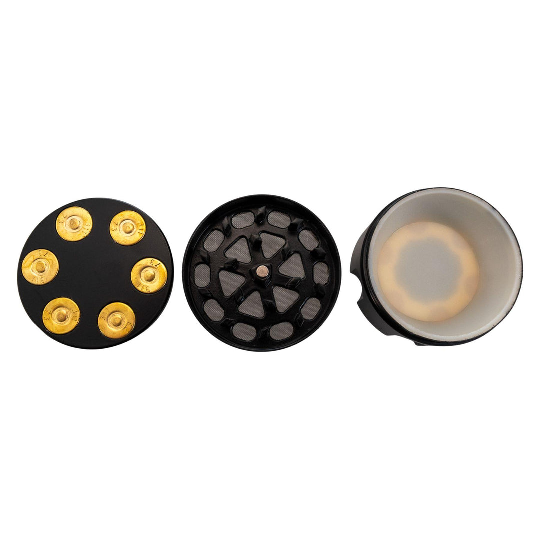 "Revolver Chamber Grinder with all pieces splayed out on a white background," - Up N Smoke.