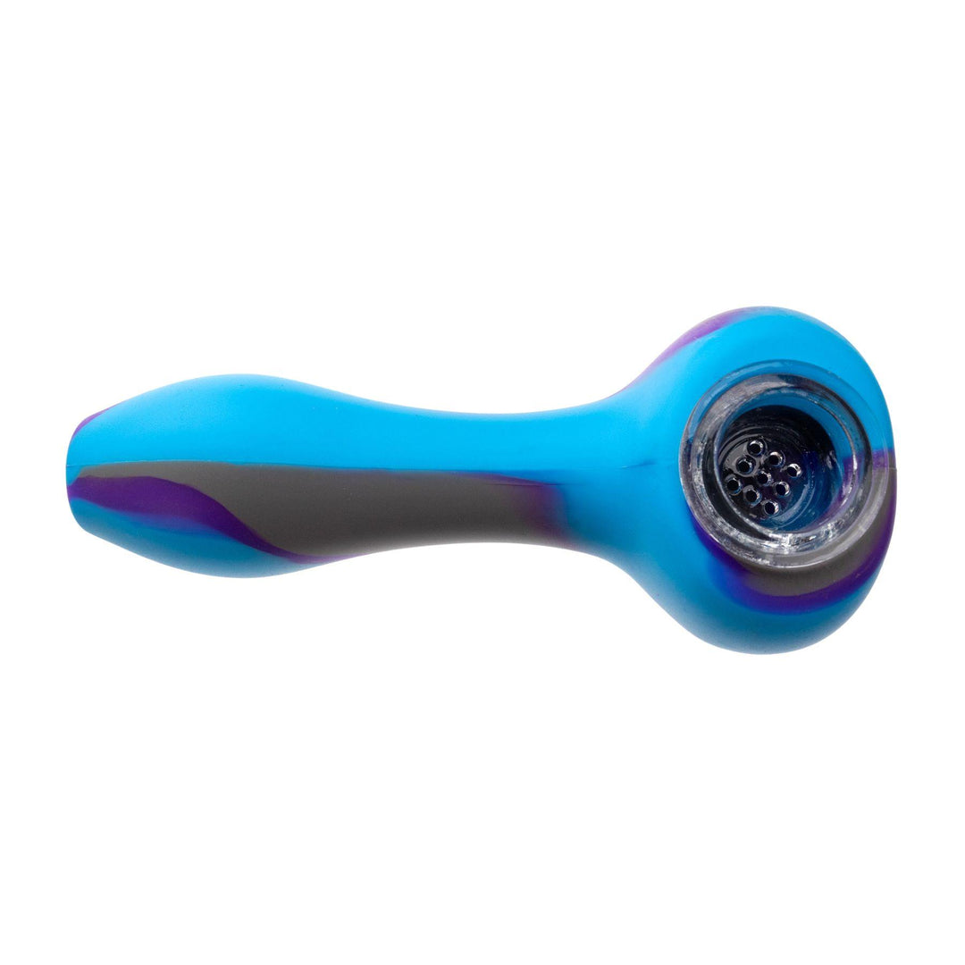 "Top-down view of a blue and purple silicone spoon that comes with a removable borosilicate glass bowl," - Up N Smoke.