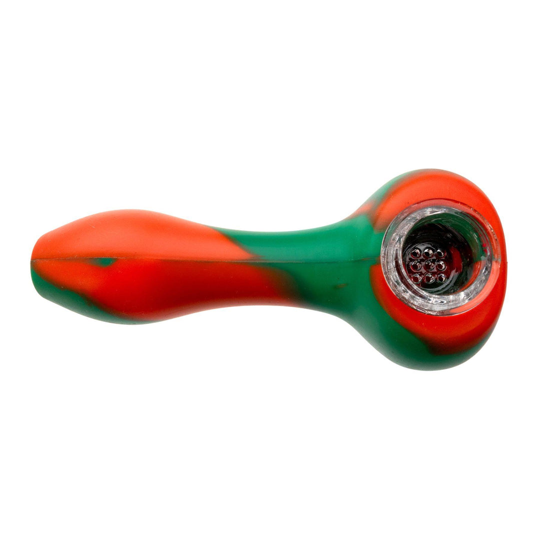 "Orange and green silicone hand pipe against a white background," - Up N Smoke.