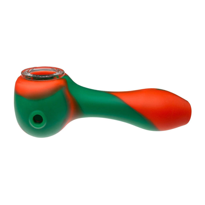 "Left-side of an orange and green silicone hand pipe that has a removable borosilicate glass bowl," - Up N Smoke.