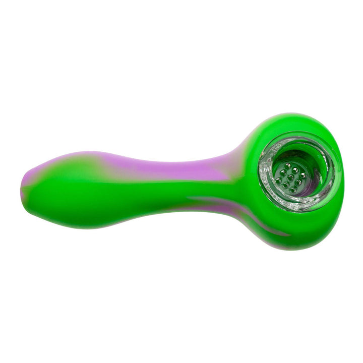 "A green and purple silicone hand pipe that has a removable borosilicate glass bowl," - Up N Smoke.