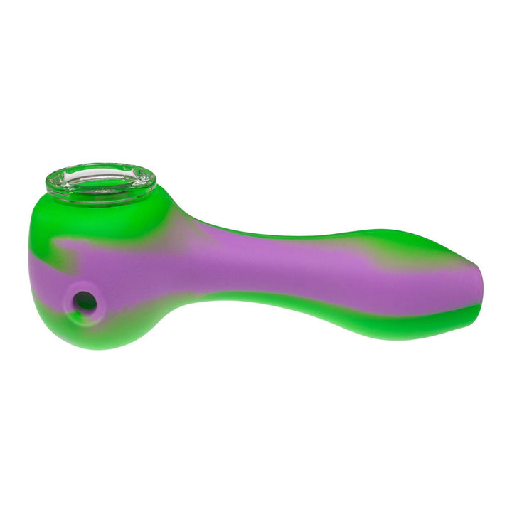 "Left-side of a purple and green silicone hand pipe, showcasing the carb," - Up N Smoke.