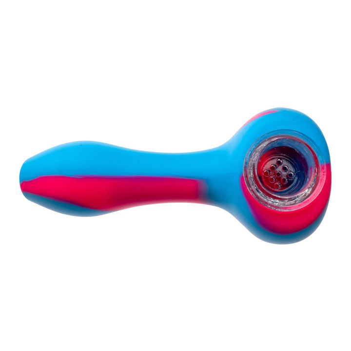"Top-down view of a blue and pink silicone hand pipe that features a removable borosilicate glass bowl," - Up N Smoke.