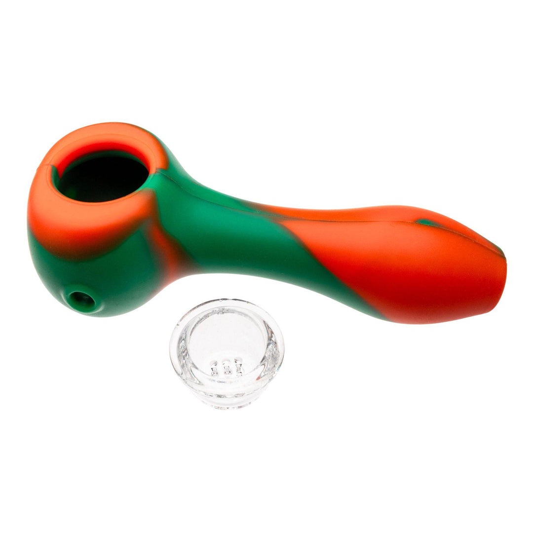 "Orange and green silicone smoking pipe with a clear glass bowl on a white background," - Up N Smoke