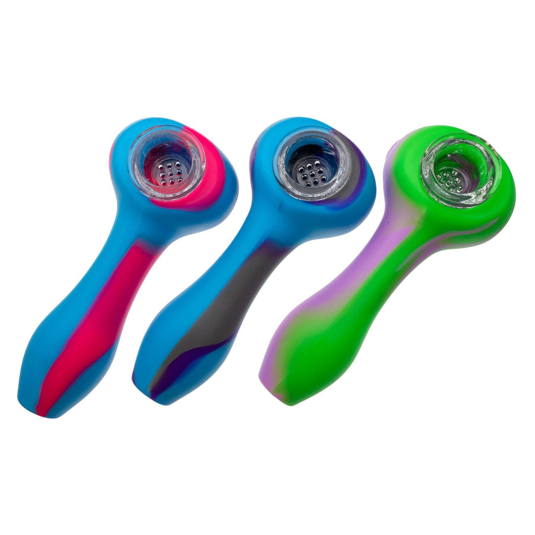 "Three vibrant multicolor silicone pipes with borosilicate glass removable bowls," - Up N Smoke.