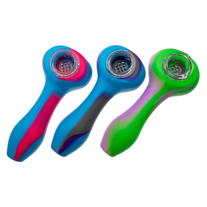 "Three vibrant multicolor silicone pipes with borosilicate glass removable bowls," - Up N Smoke.