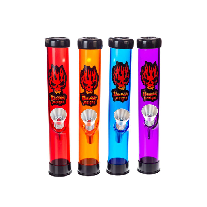 "Four colorful acrylic water pipes from Headway Designs, each featuring a flame skull logo. The water pipes are arranged in a row and come in red, orange, blue, green and purple. Each water pipe has a black base and top, with a metal bowl on the front." - Up N Smoke.