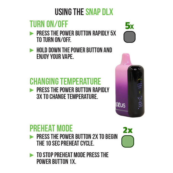 "Instructions for using a Exxus Snap DLX 3.5 Gram Cartridge Vaporizer with power button operations on a white background," - Up N Smoke.