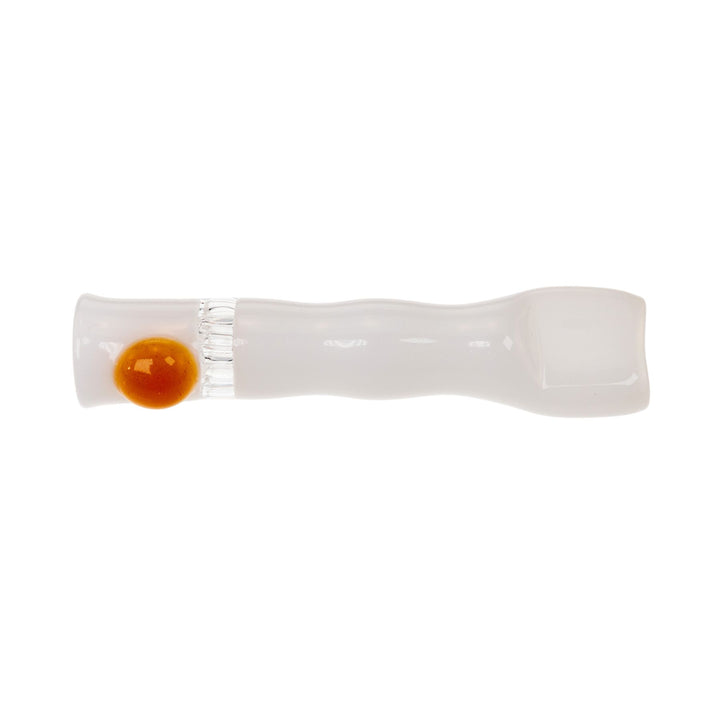 "White and orange Blazing Glass Chillum with a honeycomb screen on a white background," - Up N Smoke.