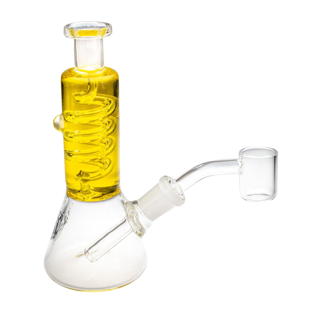 "Mini Pulsar Glycerin Rig in the color yellow on a white background," - Up N Smoke.