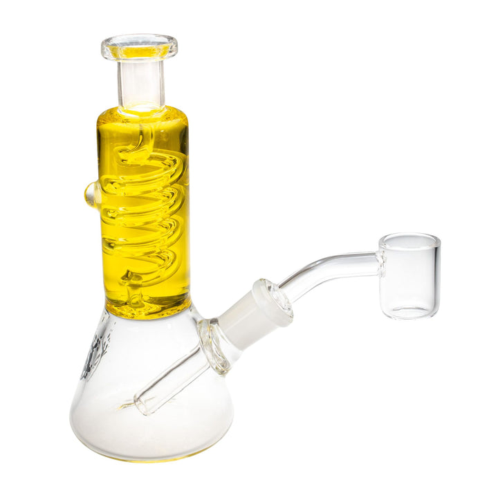 "Mini Pulsar Glycerin Rig in the color yellow on a white background," - Up N Smoke.